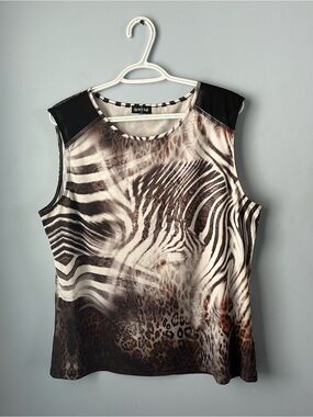 Onyx Brown White Animal Print Lightweight Sleeveless Tank Size XL Zebra Leopard